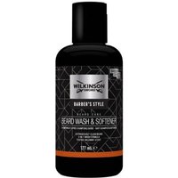 Black bottle of Wilkinson Sword Barber's Style Beard Wash & Softener, 177ml, with geometric pattern label.