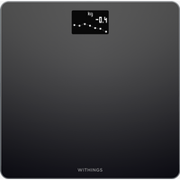 Black Withings Body scale with digital display showing weight trend and change in kilograms.