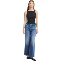 Black women's belt by Ichi Accessories, worn with blue jeans and a black tank top.