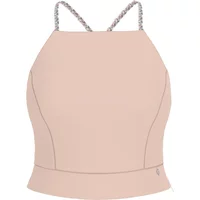 Beige women's bustier crop top by Guess Gaelle with thin chain straps and fitted silhouette.