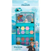 Disney Frozen makeup kit with colorful eyeshadows, lip glosses, brushes, and mirror in themed packaging.