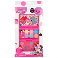 Disney Minnie women's makeup kit with pink case, colorful eyeshadows, and Minnie Mouse design on packaging.
