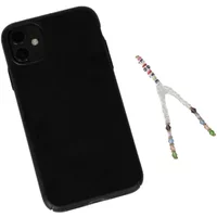 Black phone case with colorful beaded phone chain featuring white, red, and green beads.