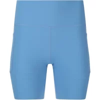 Blue high-waisted women's shorts with a smooth finish and fitted design.