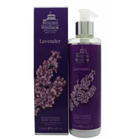 Woods of Windsor Lavender Body Lotion 250ml with pump, purple label featuring lavender illustration, matching box.