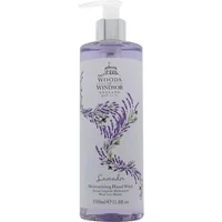 Woods of Windsor Lavender Hand Wash 350ml in clear pump bottle with lavender illustration and purple liquid.