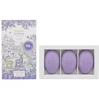 Woods of Windsor Lavender Soap set, three purple oval bars in a white box, floral packaging with deer illustration.