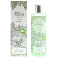 Woods of Windsor Lily Of The Valley Bath & Shower Gel 250ml, green bottle with floral design and silver cap.