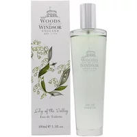 Clear glass bottle of Woods of Windsor Lily Of The Valley Eau De Toilette, 100ml, with floral box design.