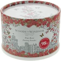 Woods of Windsor True Rose Dusting Powder 100g in floral-decorated round container with red roses and castle design.