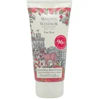 Woods of Windsor True Rose Hand Cream 75ml tube with floral design and castle illustration.