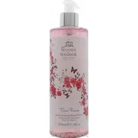 Pink Woods of Windsor True Rose Hand Wash 350ml bottle with floral design and white pump dispenser.