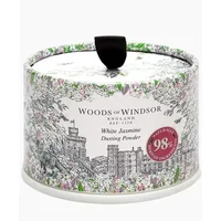 Woods of Windsor White Jasmine Dusting Powder in floral-patterned round container with black ribbon handle.