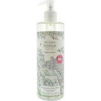 Woods Of Windsor White Jasmine Hand Wash 350ml, clear bottle with floral label and pump dispenser.