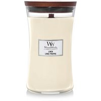 WoodWick Linen scented candle, 609 g, in a clear hourglass jar with a wooden lid and a wide wooden wick.