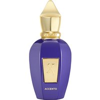 Purple Xerjoff Accento perfume bottle with gold cap and label, 50 ml, unisex musk fragrance.