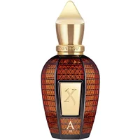 Gold-capped Xerjoff Alexandria III perfume bottle with ornate brown pattern and central gold label.
