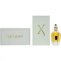 Xerjoff Homme Eau De Parfum 100ml, gold bottle with silver cap, next to white box with gold logo and text.