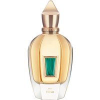 Gold Xerjoff Irisss perfume bottle with green gemstone accent and pointed cap, 100 ml women's musk fragrance.