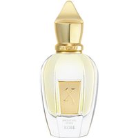Clear glass bottle of Xerjoff Kobe Eau de Parfum, gold cap, and label, 50 ml unisex woody fragrance.