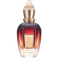 Amber gradient bottle of Xerjoff Malesia perfume with gold cap and label, unisex amber oriental scent, 50 ml.