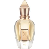 Elegant Xerjoff Nio Extrait de Parfum bottle, gold cap, clear glass, 50 ml, men's fougère fragrance.