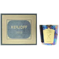 Xerjoff TobaTonka scented candle 200g in iridescent glass with gold label, next to elegant gold-accented box.