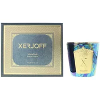 Xerjoff VintaClub scented candle 200g in blue marbled glass with gold label, boxed in elegant black and gold packaging.