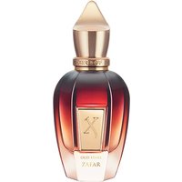 Elegant Xerjoff Zafar perfume bottle, gradient amber to gold, with gold cap and label, 50 ml unisex woody fragrance.