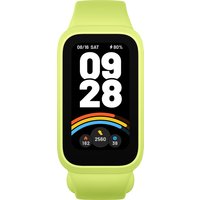 Lime green Xiaomi Smart Band 9 Active with 1.4" TFT display showing time, date, battery, and activity icons.