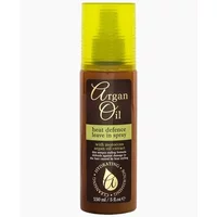 Brown bottle with yellow cap, Xpel Hair Care Argan Oil Heat Defence Leave-In Spray, 150ml, with green label accents.