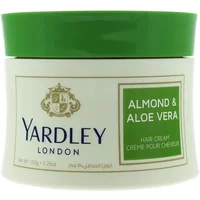 Yardley Almond & Aloe Vera Hair Cream 150g in a white jar with a green lid and gold logo.