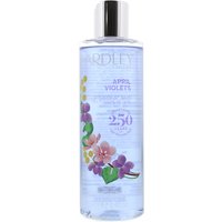 Clear bottle of Yardley April Violets Body Wash 250ml with purple flower design and black cap.