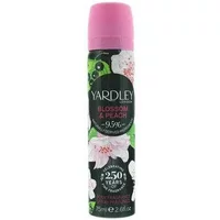 Yardley Blossom & Peach Body Spray 75ml with pink cap, floral design, and black label.