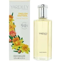 Yardley English Daffodil Eau De Toilette 125ml, clear glass bottle with silver cap, floral box design.