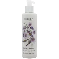 Yardley English Lavender Body Lotion 250ml, white bottle with lavender flower design and pump dispenser.