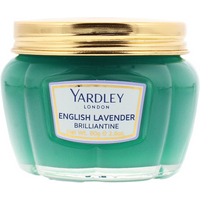 Green jar of Yardley English Lavender Brilliantine with a gold lid and blue label, 80g.
