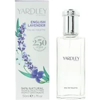Clear glass bottle of Yardley English Lavender Eau De Toilette 50ml with silver cap, next to floral lavender box.