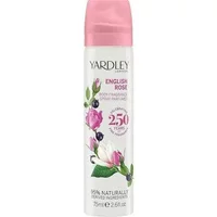 Yardley English Rose Body Spray 75ml with pink cap, floral design, and elegant white can.