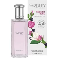 Yardley English Rose Eau De Toilette 125ml, clear glass bottle with silver cap, floral packaging.