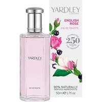 Clear glass bottle of Yardley English Rose Eau De Toilette, pink liquid, silver cap, floral box design.