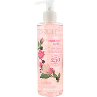 Clear bottle of Yardley English Rose hand wash, pink liquid, floral design, pump dispenser, 250ml label.