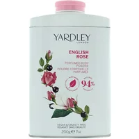 Yardley English Rose body powder in white tin with pink rose design and pink cap, 200g.