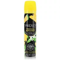 Yardley Freesia & Bergamot body spray 75ml, yellow cap, floral design with lemons on black background.