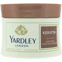 Yardley Keratin Hair Cream 150g in a white jar with a brown lid and gold crest logo.
