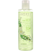 Clear bottle of Yardley Lily Of The Valley Body Wash 250ml with floral design and green text.