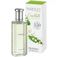 Clear glass bottle of Yardley Lily Of The Valley Eau De Toilette, silver cap, green floral box, 125ml size.