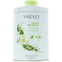 Yardley Lily Of The Valley body powder, white container with floral design, green lid, 200g.