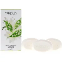 Yardley Lily Of The Valley Soap pack with floral box design and three oval white soap bars.