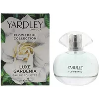 Yardley Luxe Gardenia Eau De Toilette 50ml, clear oval bottle with floral box design featuring a white gardenia.